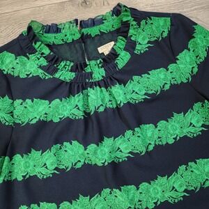 J‎ CREW Women's 6 Meghan Markle Ruffle Beanstalk Stripe High Neck Top Navy Green